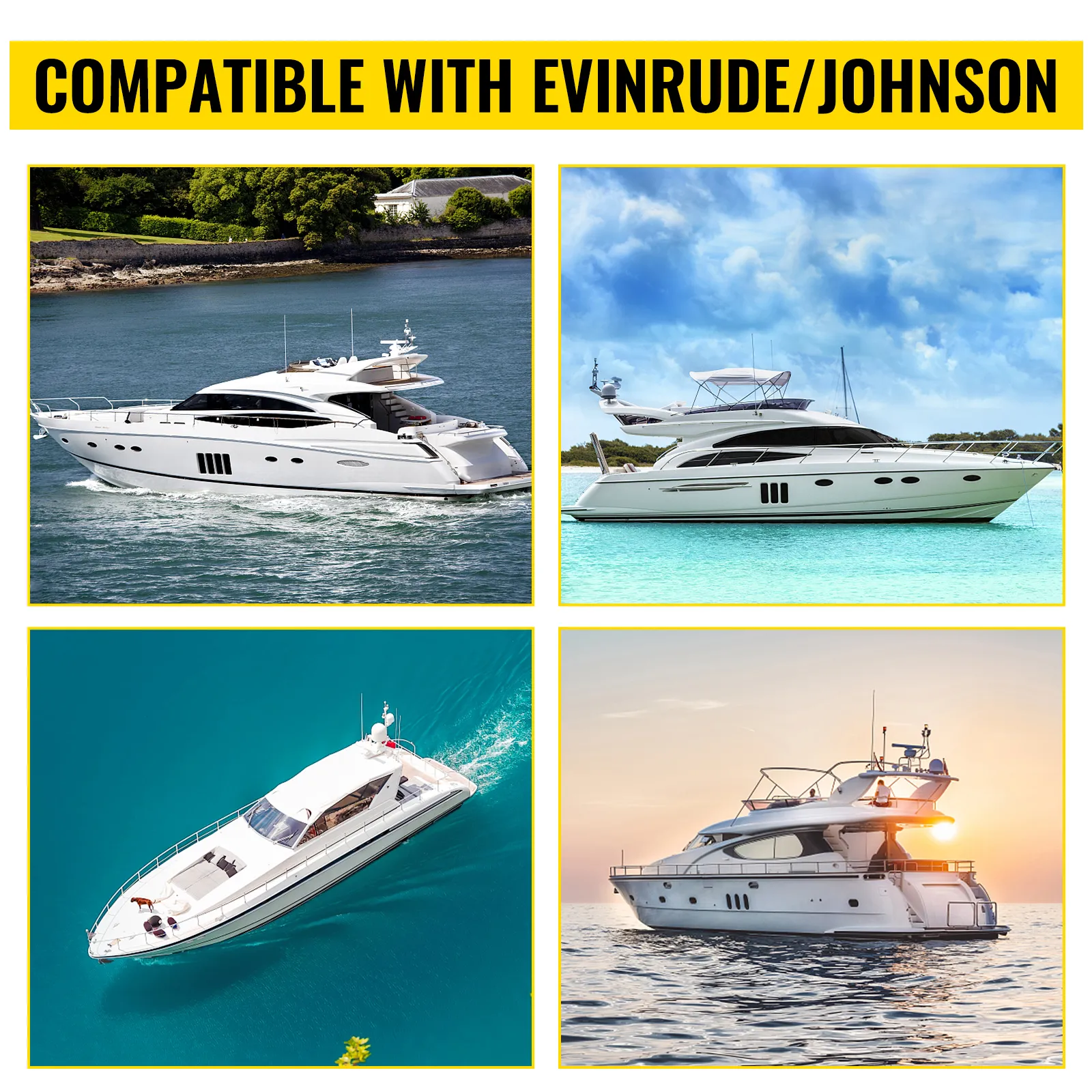 Cuatro yates de lujo en el agua; compatibles con control remoto fueraborda Evinrude/Johnson y VEVOR.