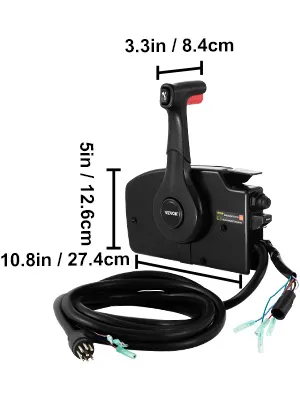 Caja de control remoto Mercury VEVOR con medidas y cables mostrados sobre fondo blanco.