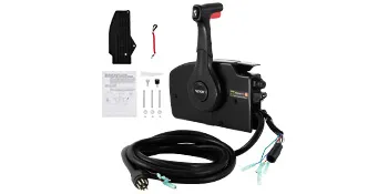 Caja de control remoto VEVOR mercury con accesorios que incluyen cables y piezas de instalación.