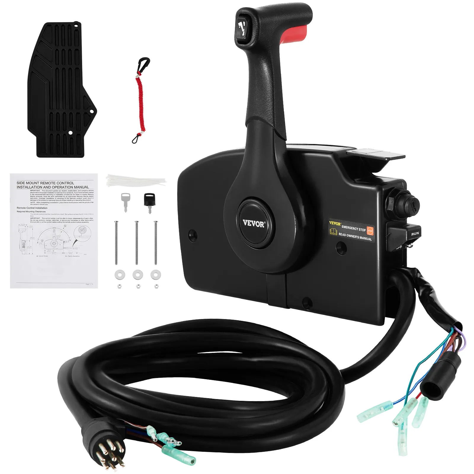 Caja de control remoto Mercury VEVOR con cables, manual, placa de montaje y hardware.