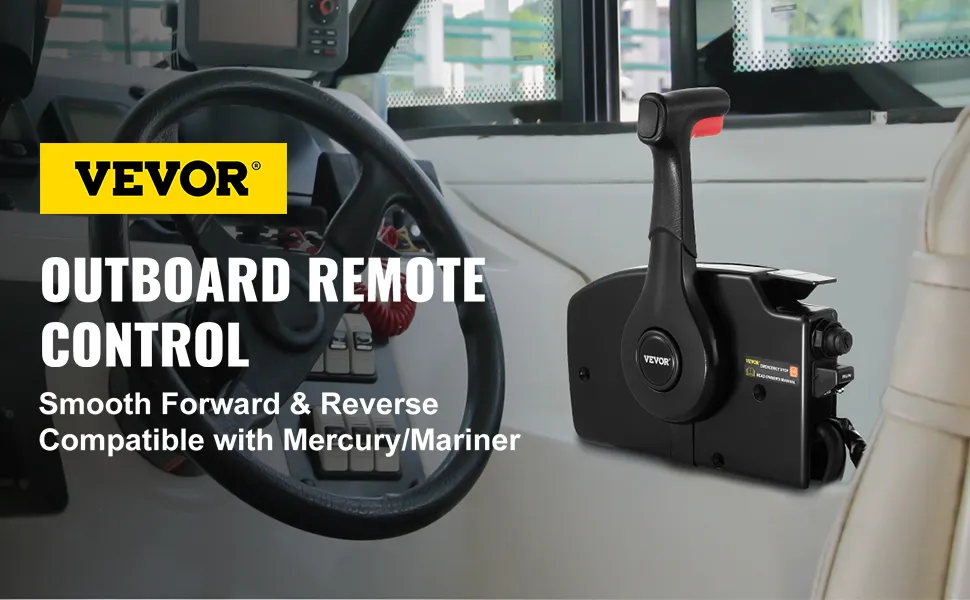 Control de acelerador de barco VEVOR en una cabina de barco con volante y controles.