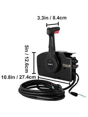 Control de acelerador de barco VEVOR con dimensiones: 3,3 pulgadas x 5 pulgadas x 10,8 pulgadas y cables adjuntos.