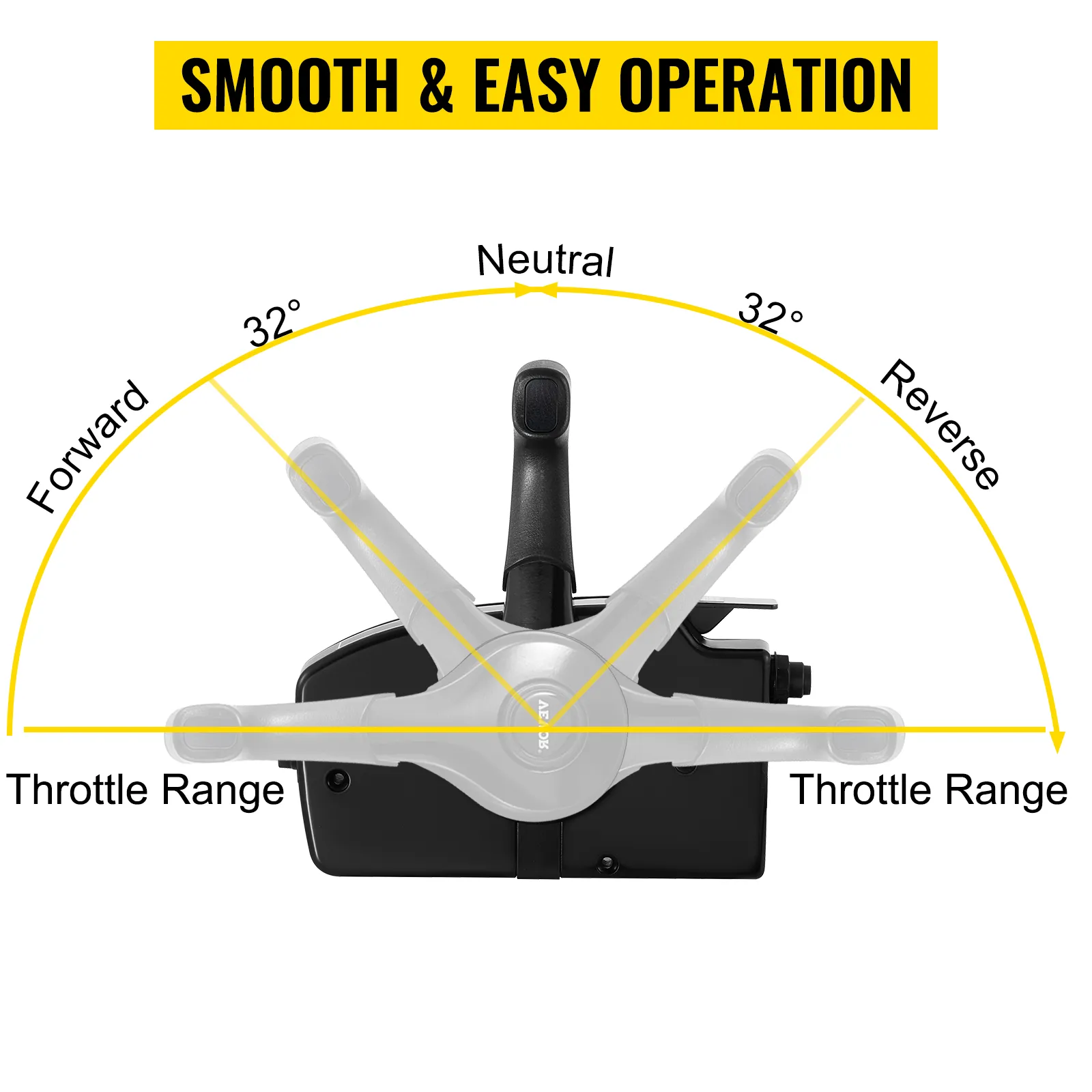 Control de acelerador de barco VEVOR que muestra el funcionamiento hacia adelante y hacia atrás con un rango de 32°.