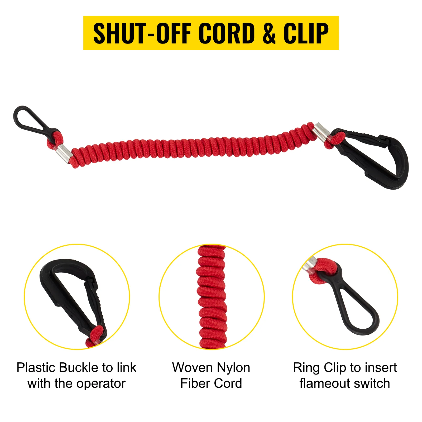 Cable de seguridad de color rojo y clip con hebilla de plástico y fibra de nailon tejida.