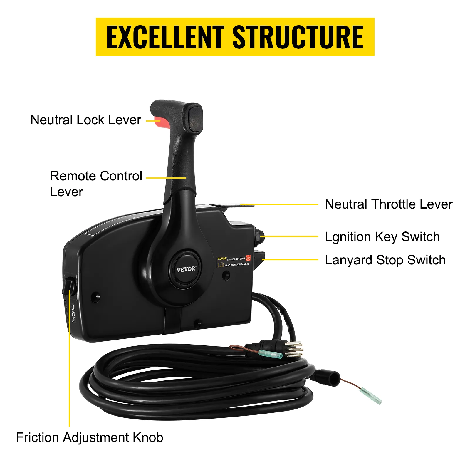 Control de acelerador de barco VEVOR con palancas, interruptores y cable etiquetados. Excelente estructura.