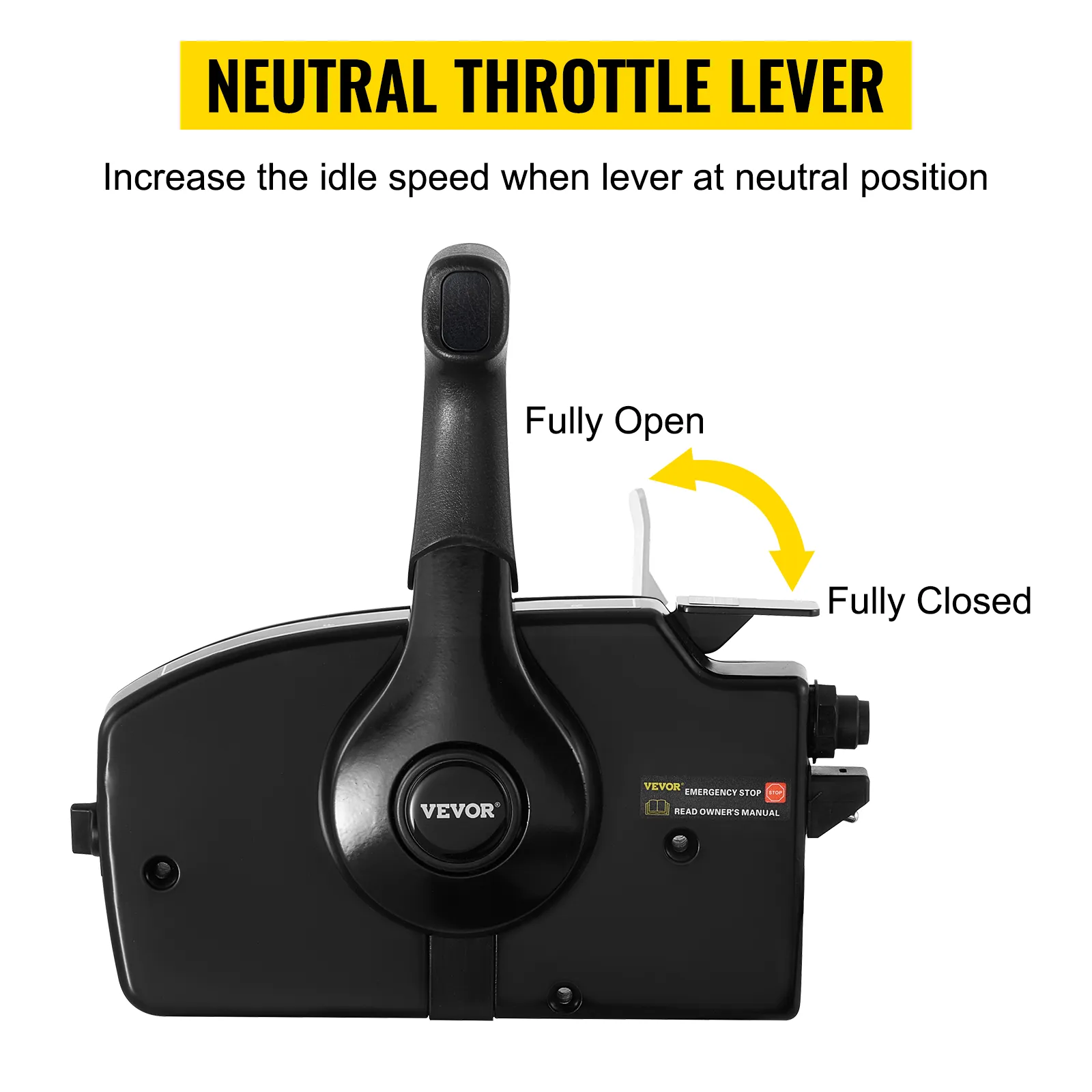 Control del acelerador de barco VEVOR con palanca en posición neutra, flechas que muestran el rango completo.