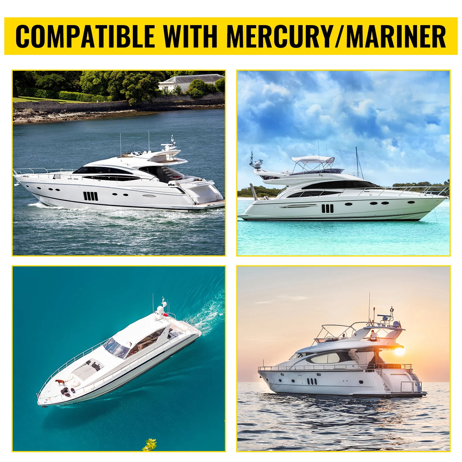 Cuatro yates en el agua con texto: compatible con mercury/mariner. Control de aceleración de barco VEVOR.
