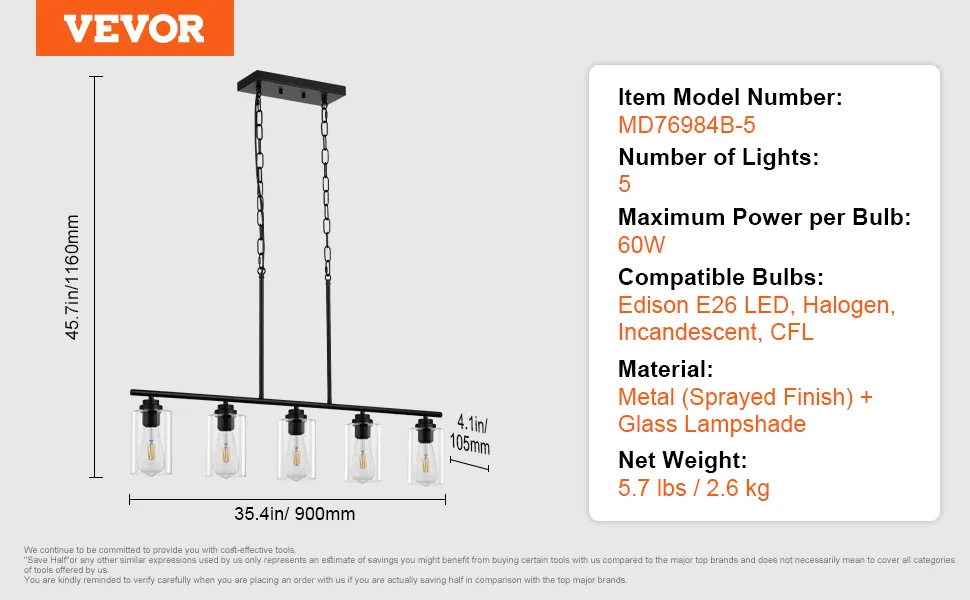 VEVOR kitchen island pendant lights, 5 edison e26 led bulbs, 60w max, metal finish, glass lampshade.