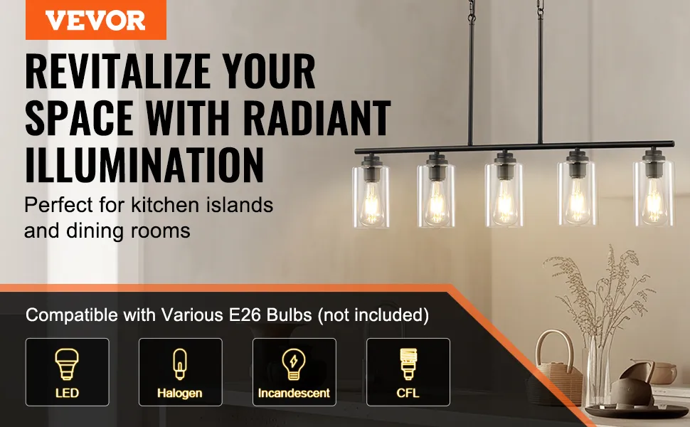 VEVOR kitchen island pendant lights; ideal for kitchen islands and dining rooms, compatible with e26 bulbs.