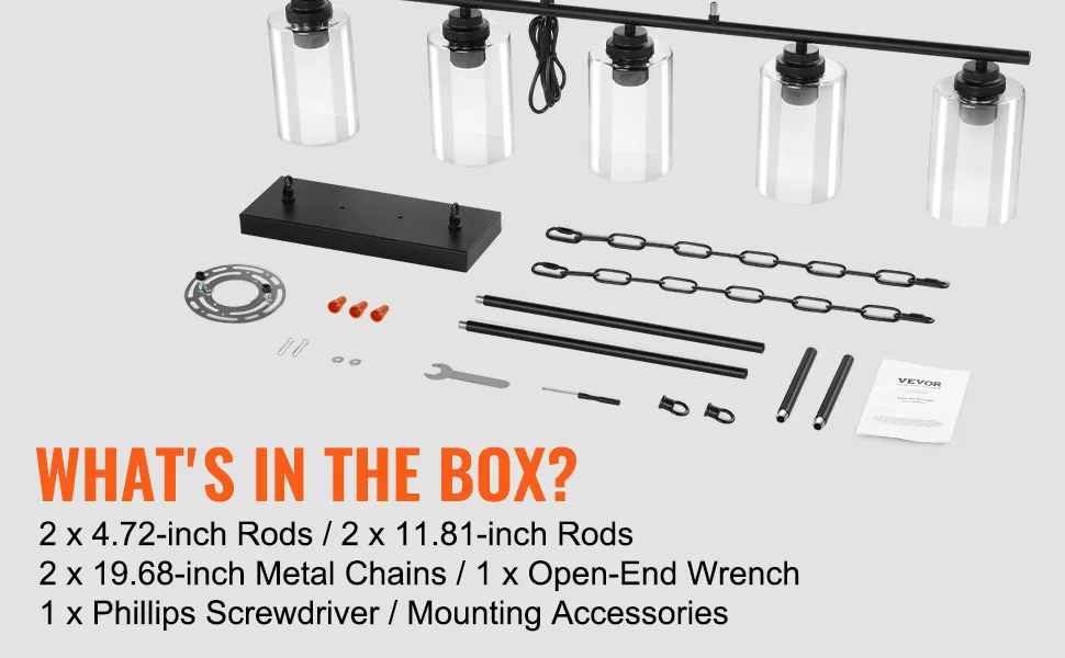 VEVOR kitchen island pendant lights components, rods, chains, screwdriver, and mounting accessories.