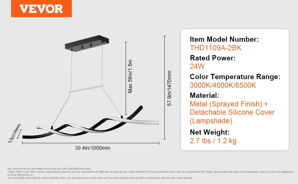 VEVOR chandelier specs including model number, 24w power, 3000k/4000k/6500k range, and metal/silicone material.