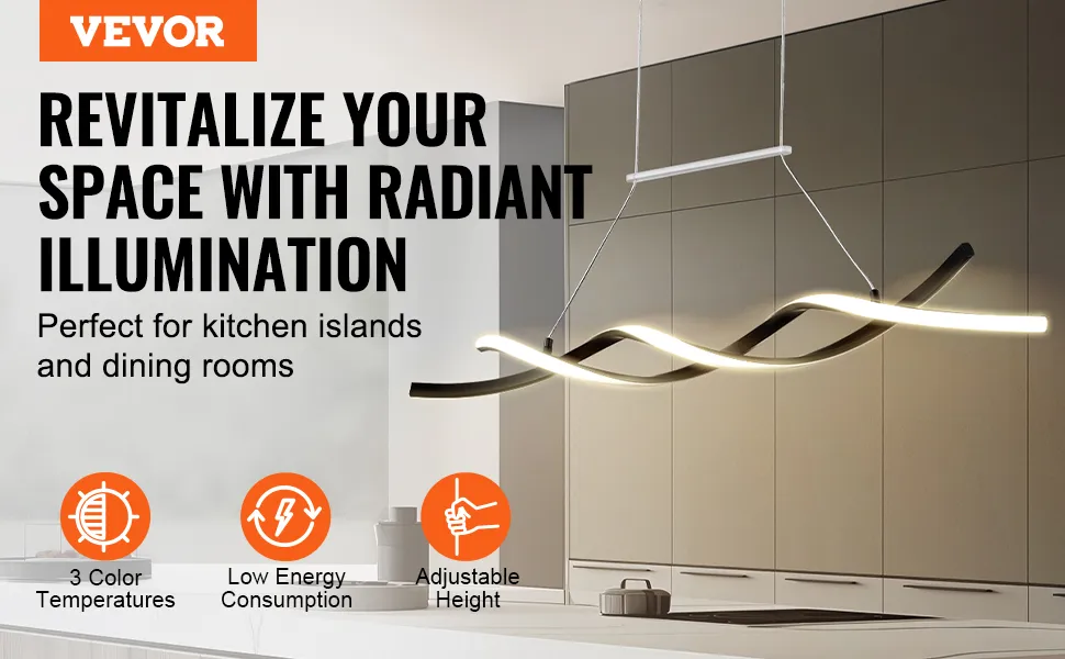 VEVOR chandelier over modern kitchen island, featuring adjustable height and three color temperatures.