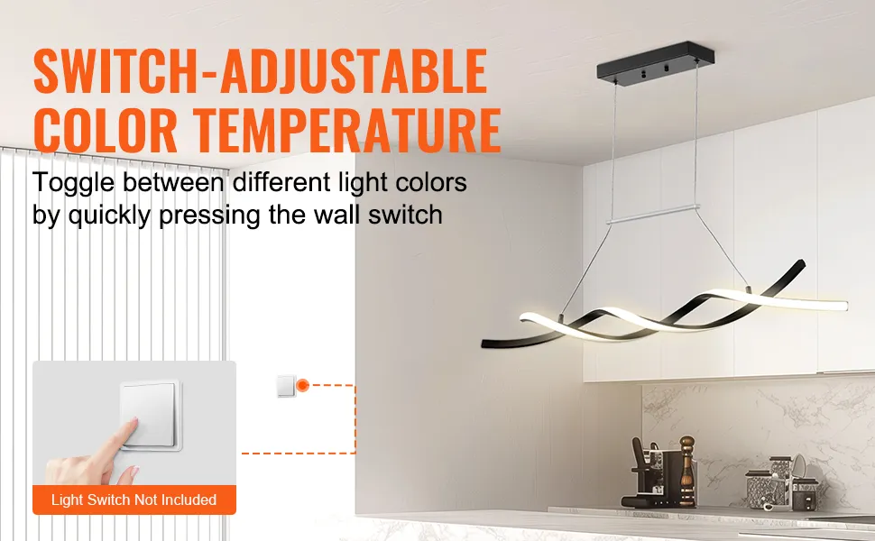 VEVOR chandelier above modern kitchen with switch-adjustable color temperature and minimalistic design.