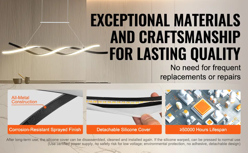 VEVOR chandelier with corrosion-resistant finish, detachable silicone cover, and over 50000 hours lifespan.