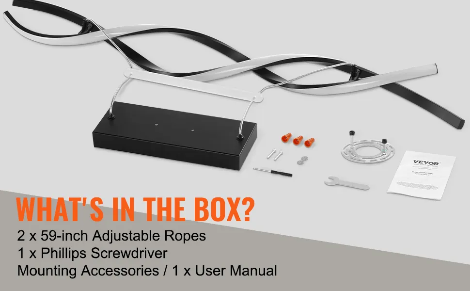 VEVOR chandelier components: 59-inch adjustable ropes, phillips screwdriver, mounting accessories, user manual.