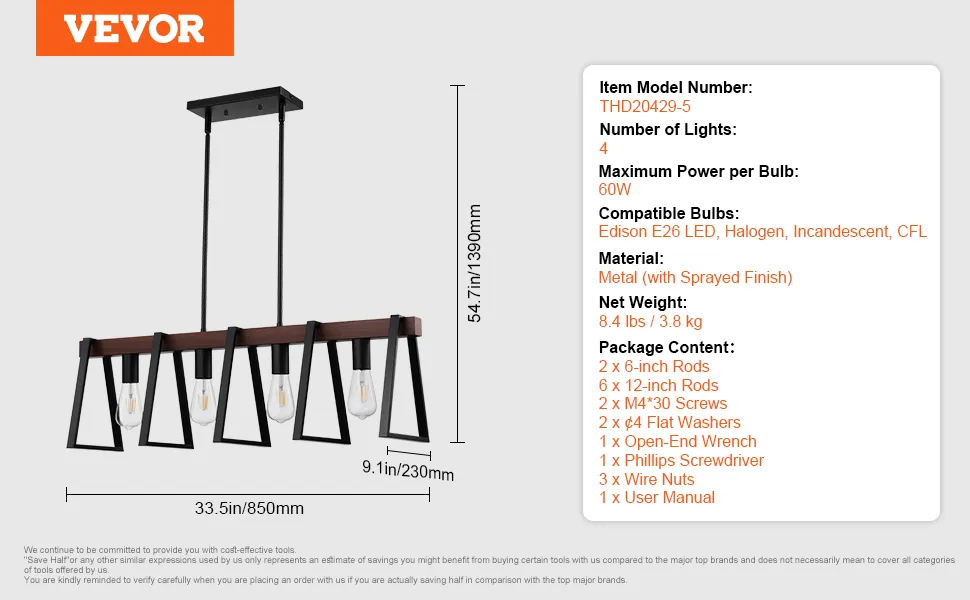 VEVOR kitchen island pendant lights with four bulbs, 850mm width and 1390mm height.