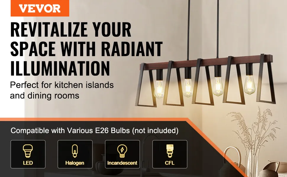VEVOR kitchen island pendant lights enhance spaces with warm illumination, suitable for e26 bulbs.