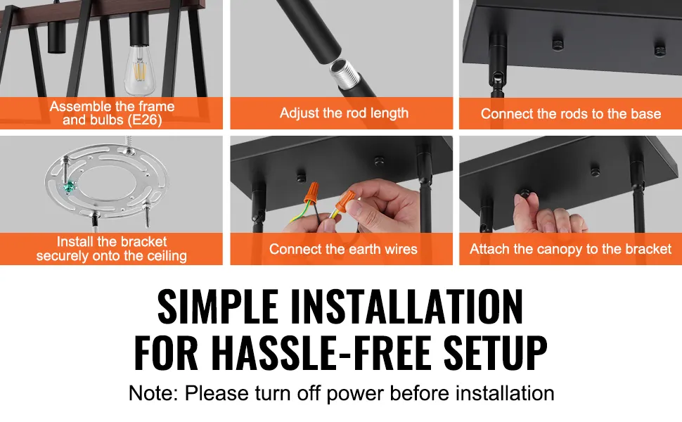 VEVOR kitchen island pendant lights installation guide with step-by-step assembly instructions.