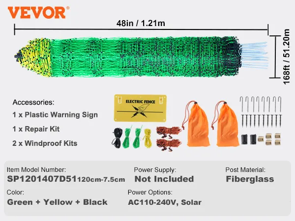 VEVOR electric fence netting with accessories, green-yellow-black colors, and fiberglass posts, 48"x168'.