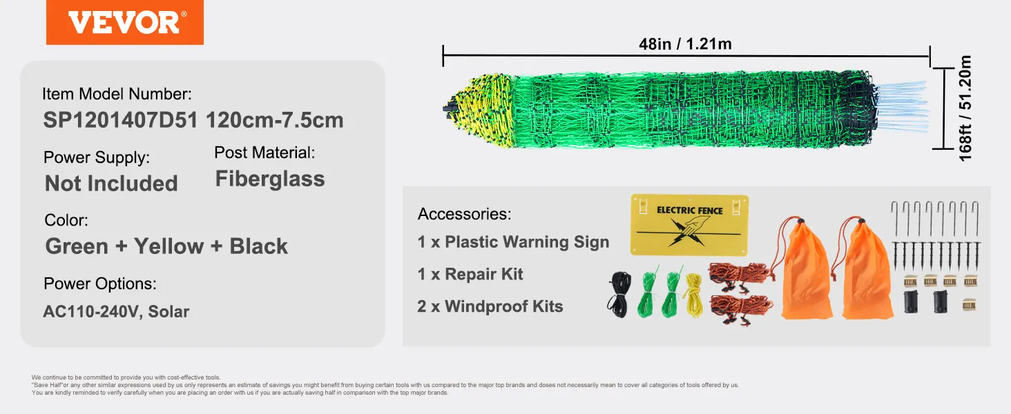 VEVOR electric fence netting with accessories, green-yellow-black colors, and fiberglass posts, 48"x168'.