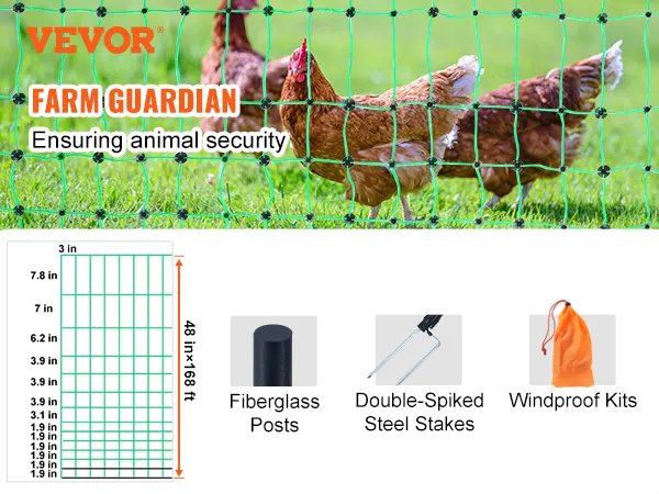 VEVOR electric fence netting for animal security, featuring fiberglass posts and double-spiked steel stakes.