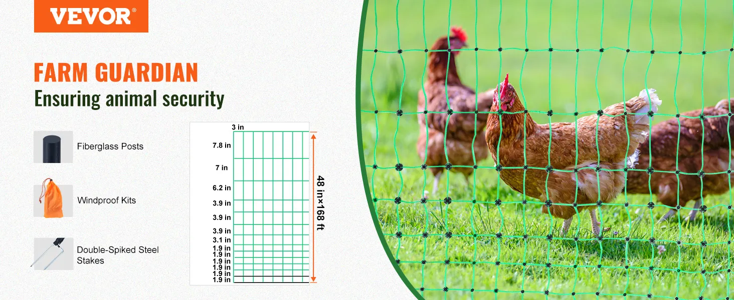 VEVOR electric fence netting for animal security, featuring fiberglass posts and double-spiked steel stakes.