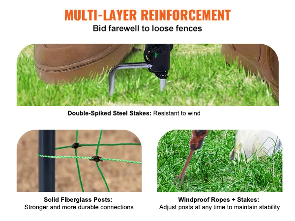 multi-layer reinforcement VEVOR electric fence netting with double-spiked steel stakes and solid fiberglass posts.
