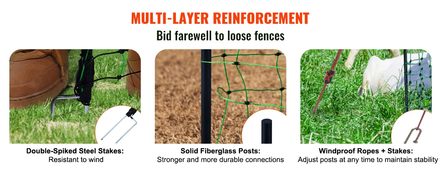 multi-layer reinforcement VEVOR electric fence netting with double-spiked steel stakes and solid fiberglass posts.