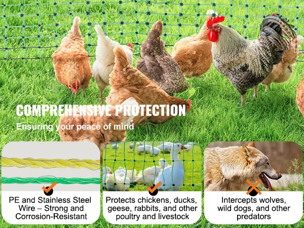 VEVOR electric fence netting protecting chickens with 2mm pe and stainless steel wire in a grassy field.
