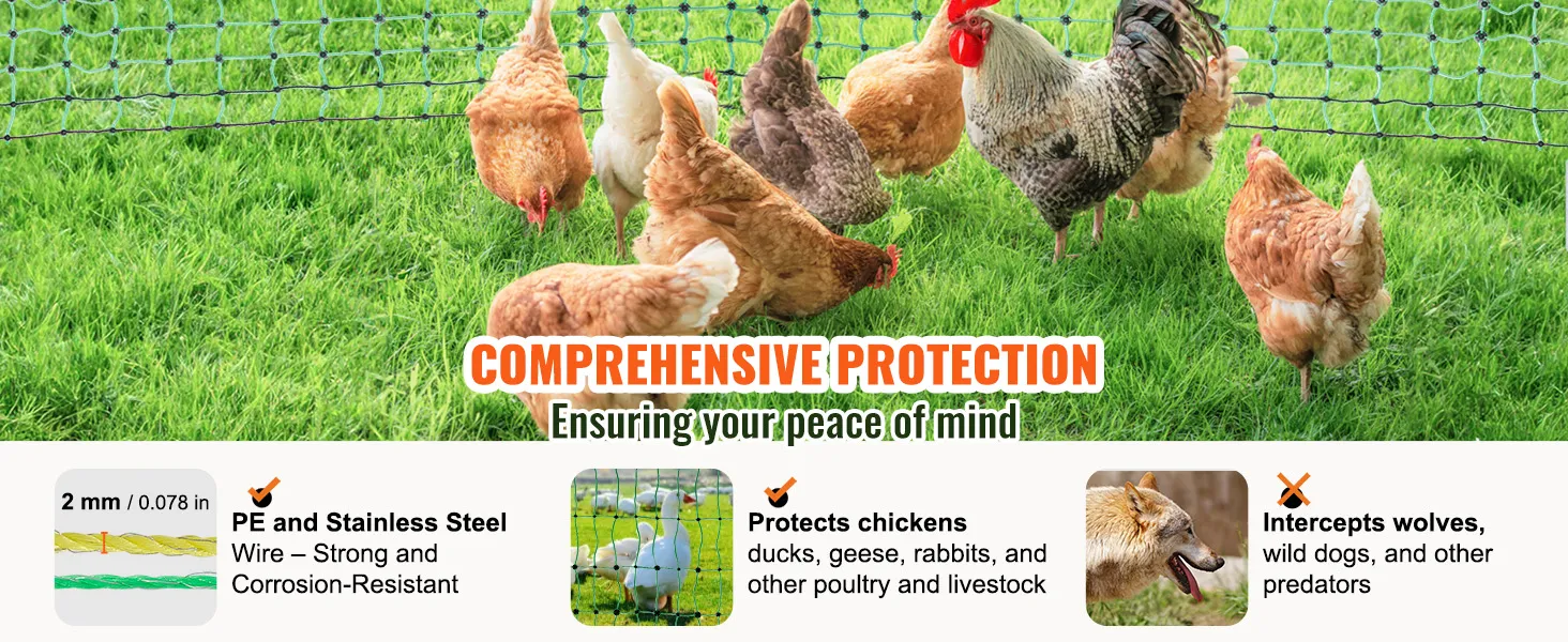 VEVOR electric fence netting protecting chickens with 2mm pe and stainless steel wire in a grassy field.