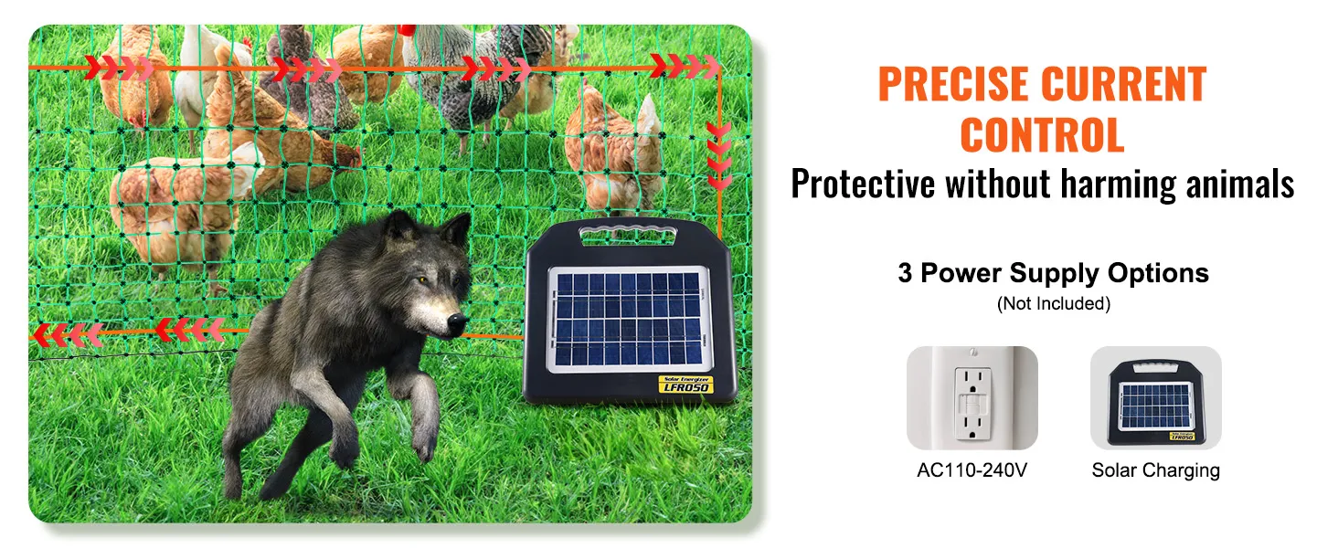 VEVOR electric fence netting protects chickens from predators with precise current control and solar power options.