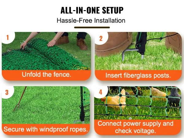instructions for setting up VEVOR electric fence netting with included accessories.