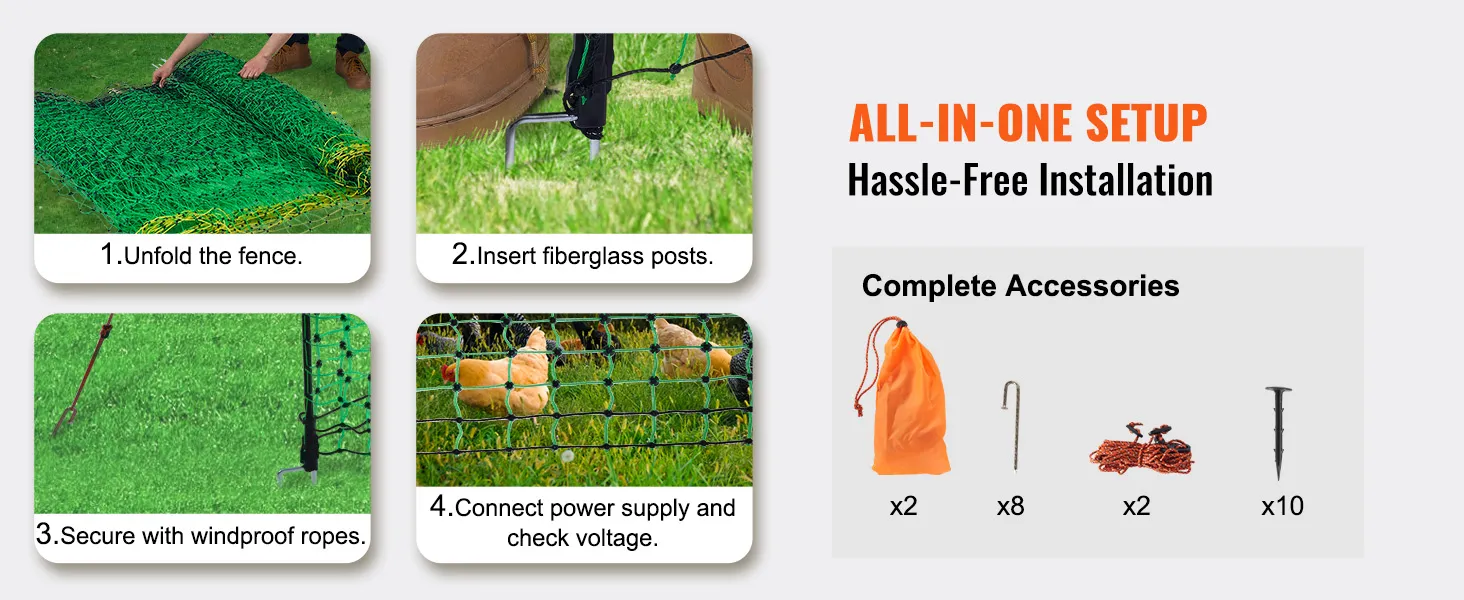 instructions for setting up VEVOR electric fence netting with included accessories.