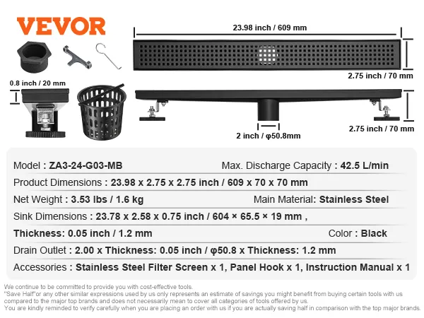 VEVOR linear shower drain details, za3-24-g03-mb, 23.98x2.75 inches, stainless steel, black, accessories included.