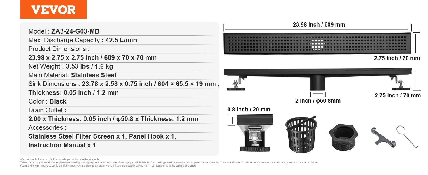 VEVOR linear shower drain details, za3-24-g03-mb, 23.98x2.75 inches, stainless steel, black, accessories included.