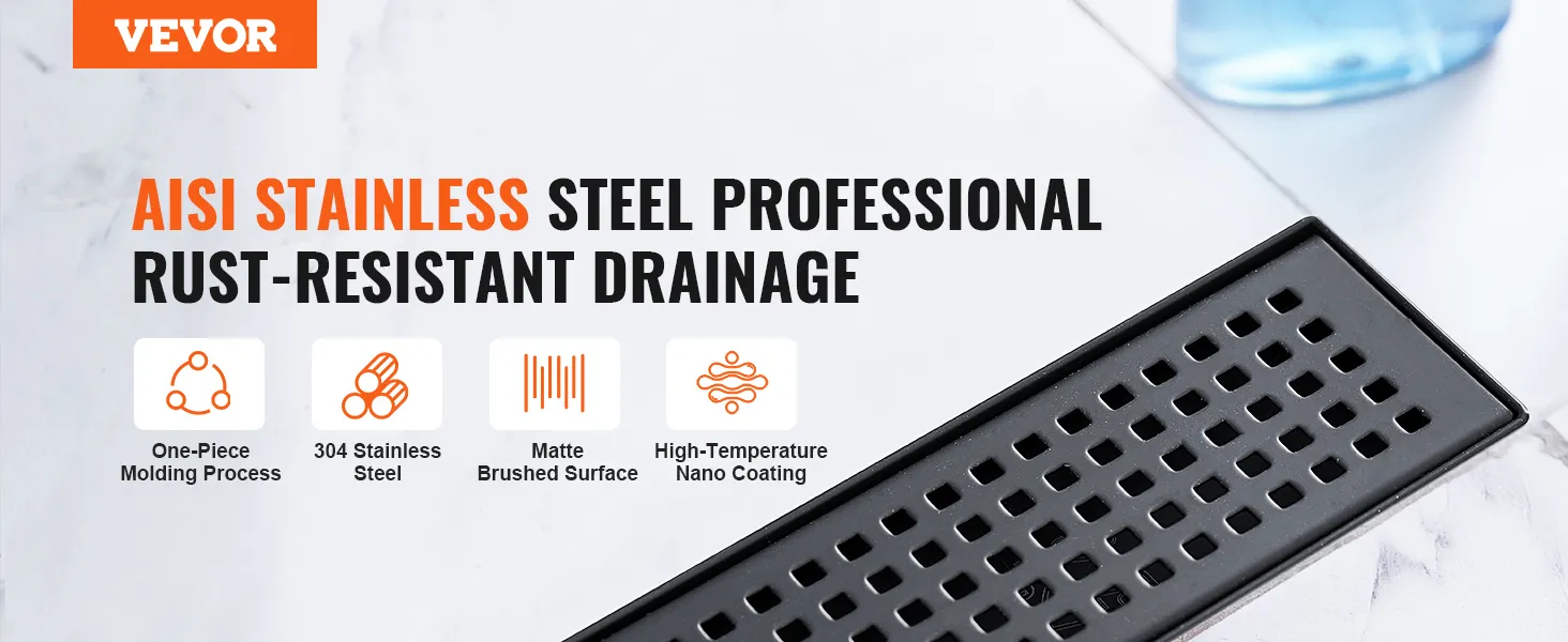 VEVOR linear shower drain, rust-resistant aisi stainless steel with matte brushed surface and nano coating.