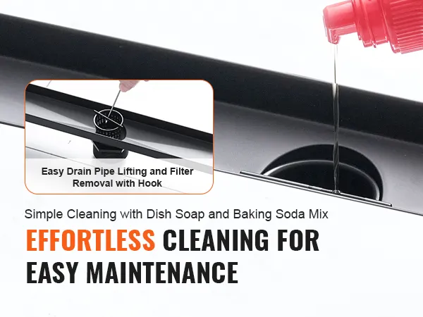 effortless cleaning of VEVOR linear shower drain with hook for filter removal and dish soap mix.