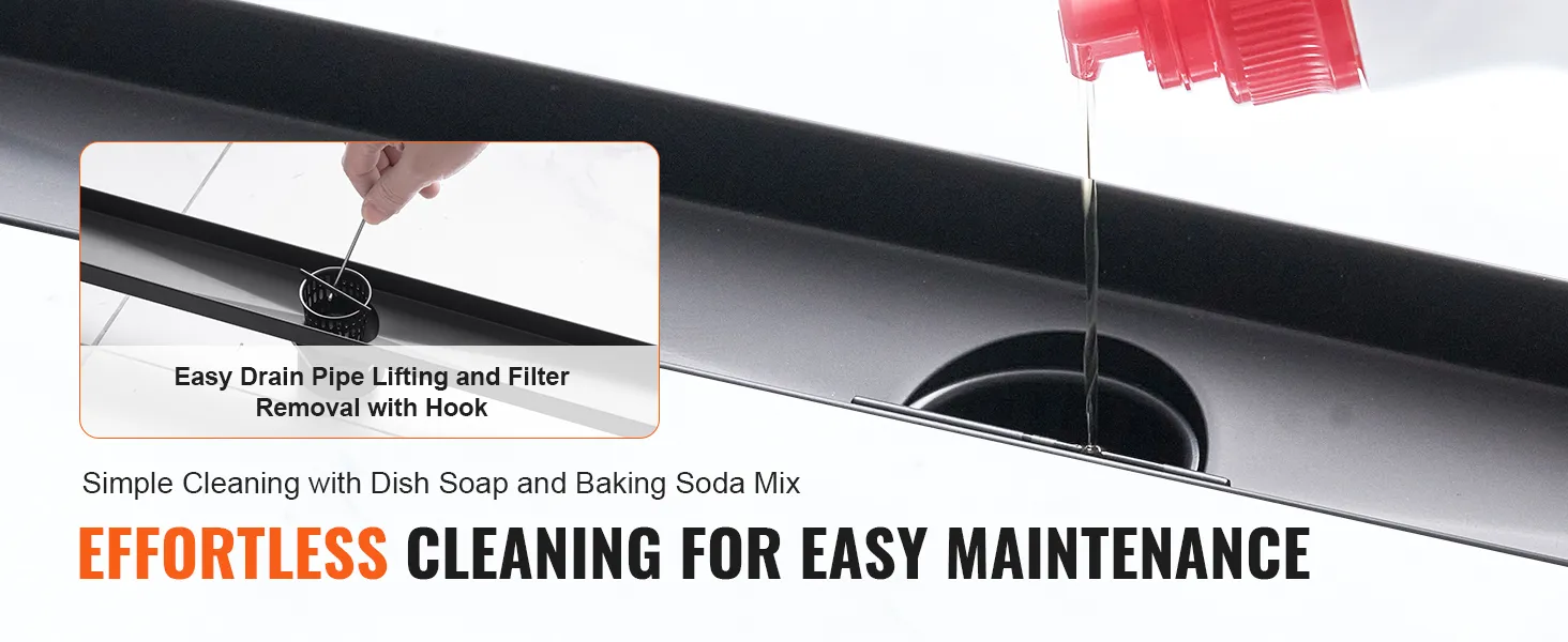 effortless cleaning of VEVOR linear shower drain with hook for filter removal and dish soap mix.
