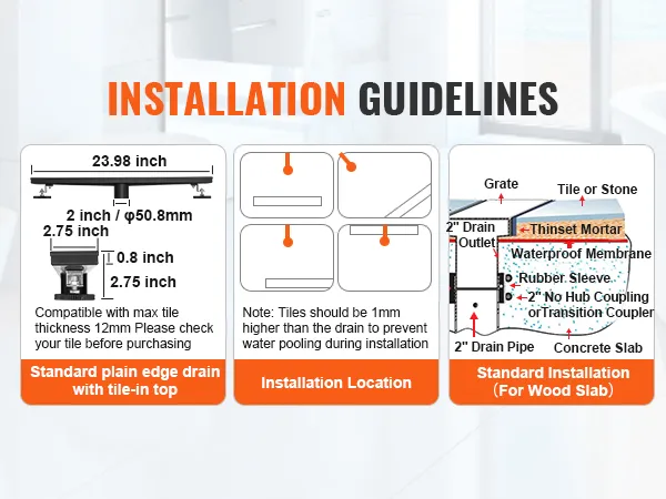 installation guidelines for VEVOR linear shower drain: dimensions, installation location, and standard setup.