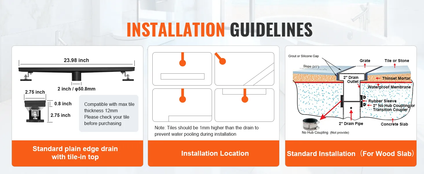 installation guidelines for VEVOR linear shower drain: dimensions, installation location, and standard setup.
