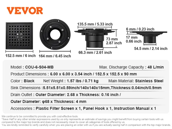 VEVOR 16 inch linear shower drain specifications, including dimensions and maximum discharge capacity.