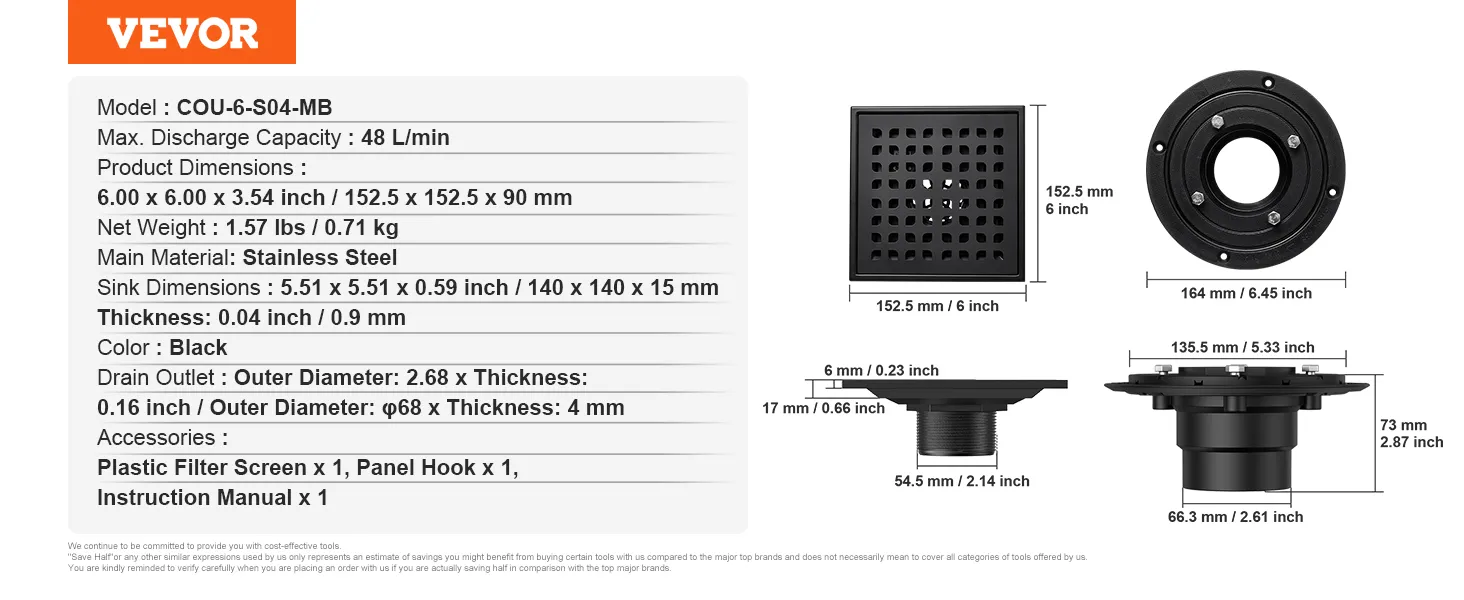 VEVOR 16 inch linear shower drain specifications, including dimensions and maximum discharge capacity.
