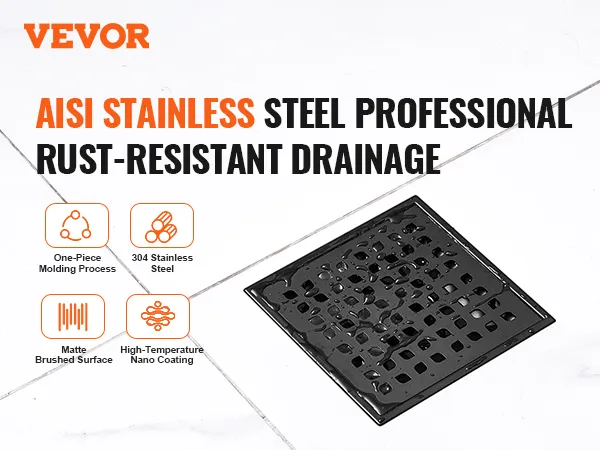 VEVOR 16 inch linear shower drain, rust-resistant aisi stainless steel, matte brushed surface.
