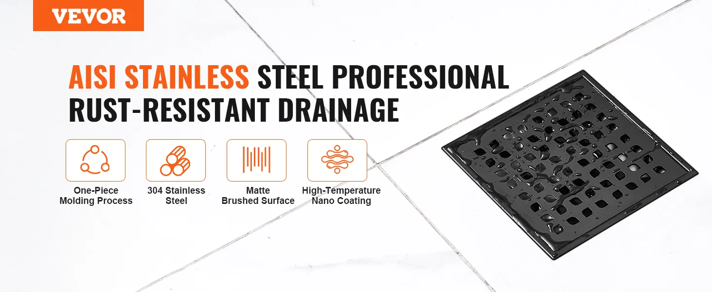 VEVOR 16 inch linear shower drain, rust-resistant aisi stainless steel, matte brushed surface.