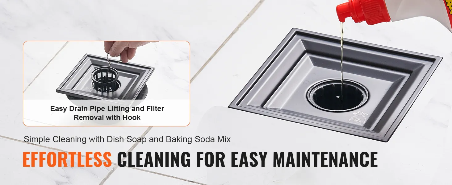 VEVOR 16 inch linear shower drain with easy cleaning and filter removal using hook and baking soda.