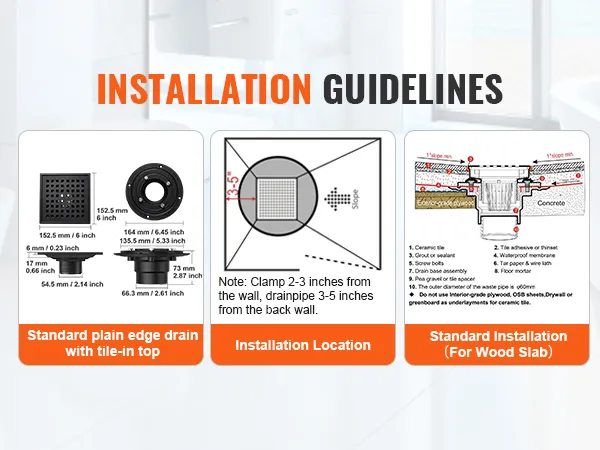 installation guidelines for VEVOR 16 inch linear shower drain showing parts, location, and standard installation steps.