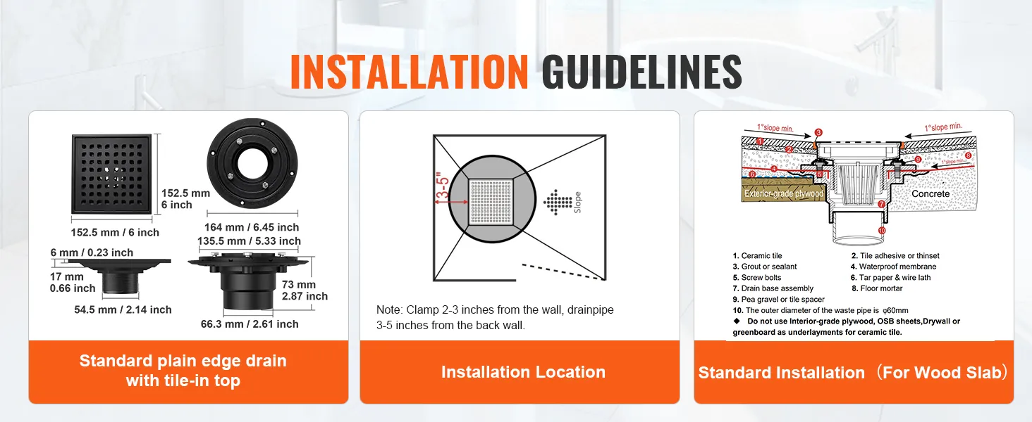 installation guidelines for VEVOR 16 inch linear shower drain showing parts, location, and standard installation steps.