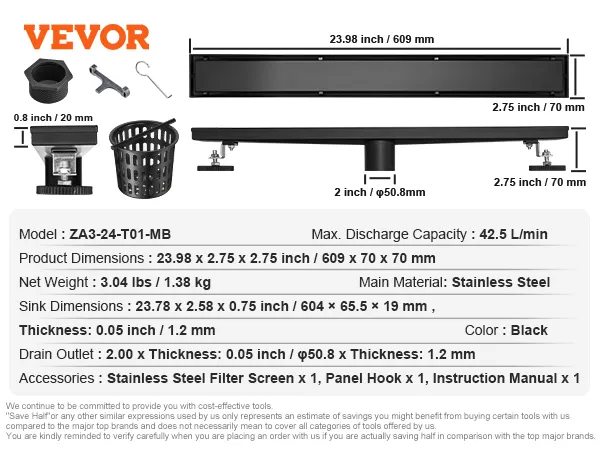 VEVOR linear shower drain, black, stainless steel, 23.98 x 2.75 inches, 42.5 l/min discharge capacity.
