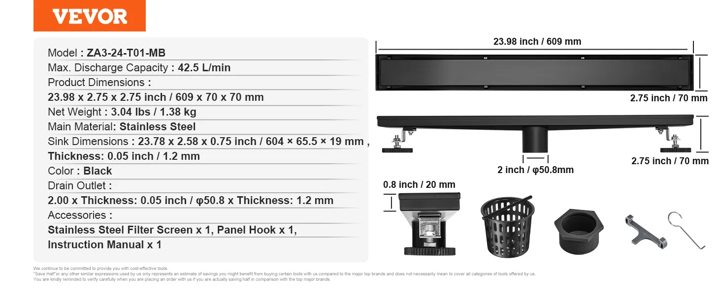 VEVOR linear shower drain, black, stainless steel, 23.98 x 2.75 inches, 42.5 l/min discharge capacity.