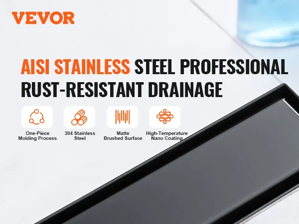 VEVOR linear shower drain in stainless steel with matte brushed surface, rust-resistant drainage, and nano coating.